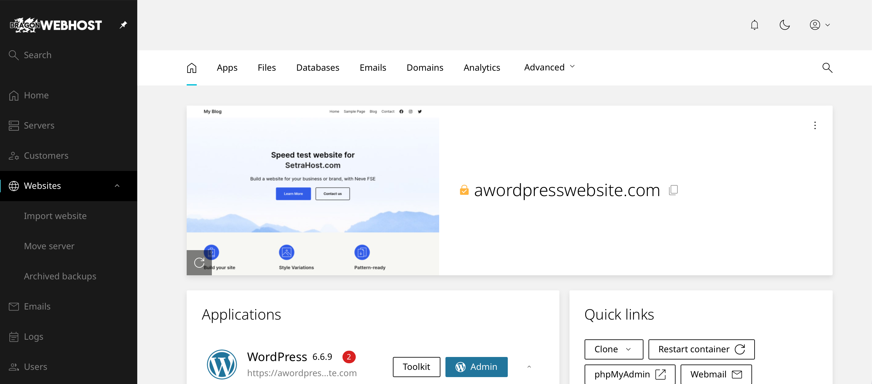 DragonWebHost Managed WordPress control panel showing site preview, one-click WordPress admin access, and quick links to phpMyAdmin and webmail